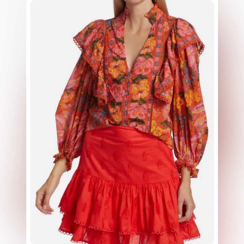 FARM Rio Red Orange Floral Ruffled V-Neck Blouse - Picture 5 of 7